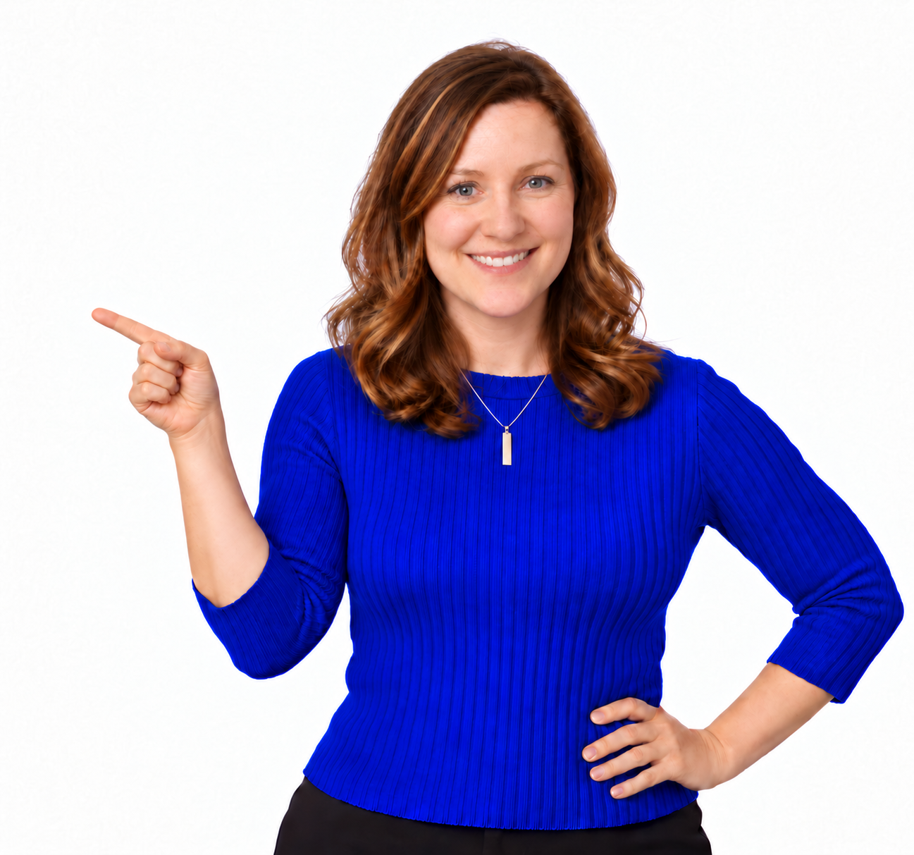 Adele Davies pointing toward information about local Medicare and insurance guidance